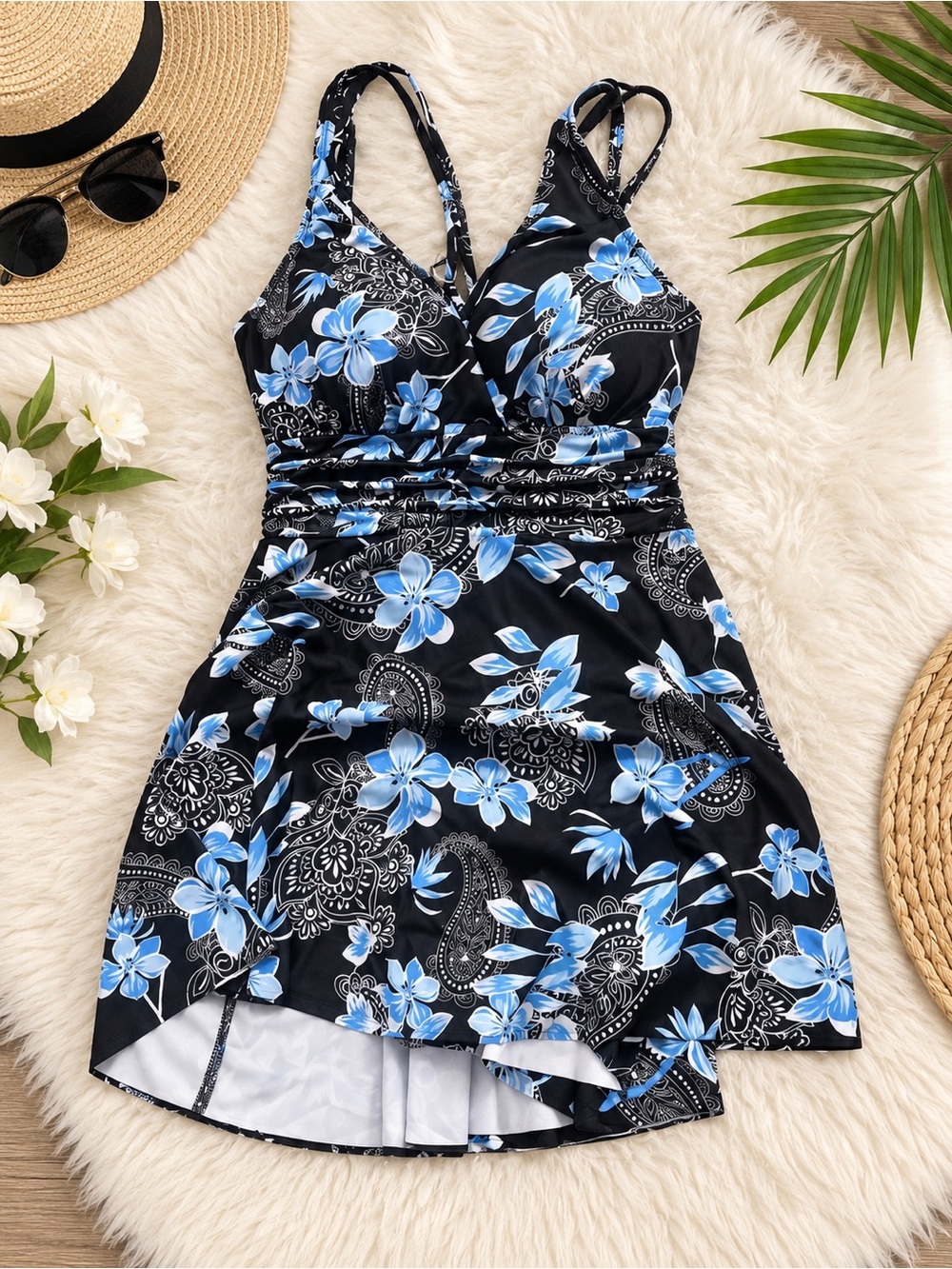 Black & Blue Floral One-Piece Swim Dress